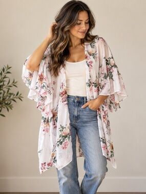 Floral Chiffon Kimono Duster – White Pink Green – Boho / Cottagecore M/L Ruffle